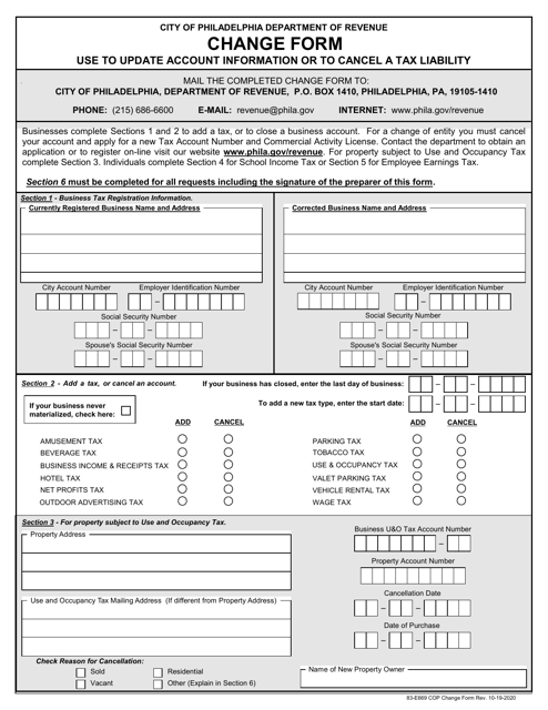 Form 83-E669 Tax Account Change Form - City of Philadelphia, Pennsylvania