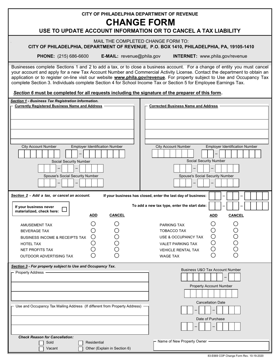 Form 83-E669 Tax Account Change Form - City of Philadelphia, Pennsylvania, Page 1