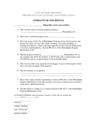 Document preview: Affidavit of Non-rental - City of Philadelphia, Pennsylvania