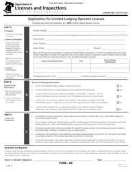 Form AB (L_036_F) &quot;Application for Limited Lodging Operator License&quot; - City of Philadelphia, Pennsylvania