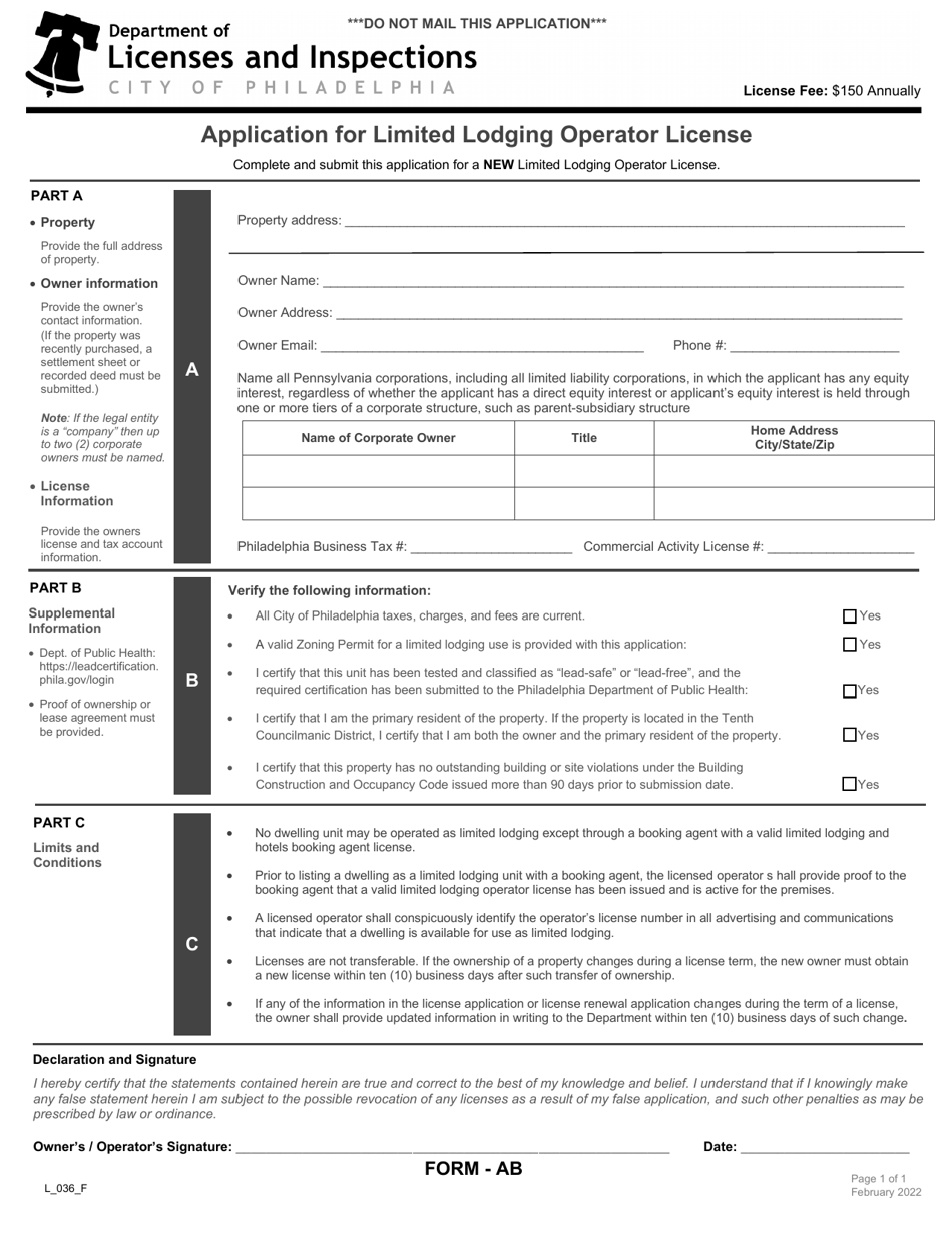 Form AB (L_036_F) Application for Limited Lodging Operator License - City of Philadelphia, Pennsylvania, Page 1