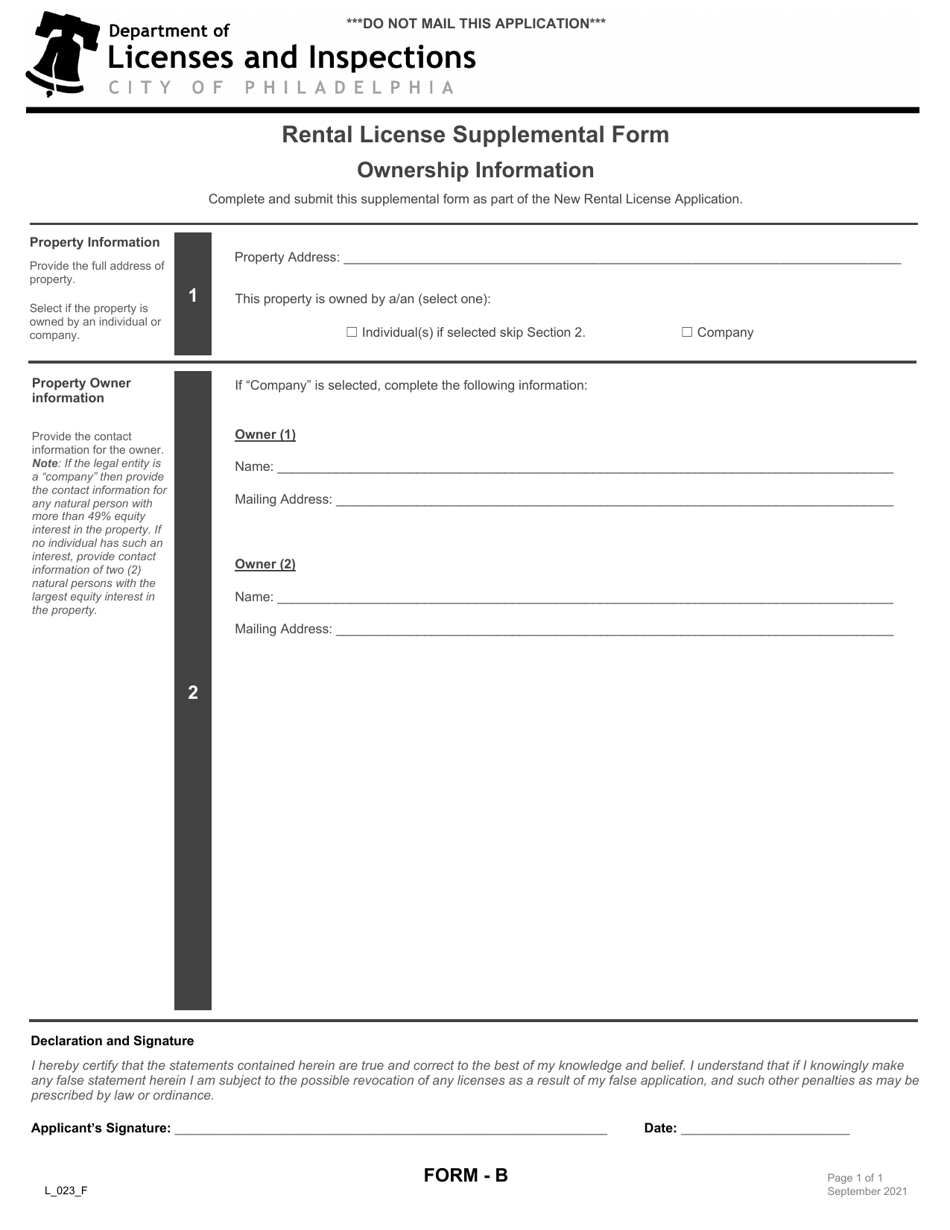 Form B (L_023_F) Rental License Supplemental Form - City of Philadelphia, Pennsylvania, Page 1