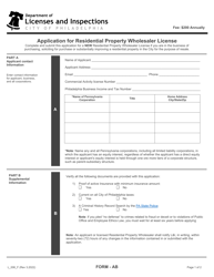 Form AB (L_006_F) &quot;Application for Residential Property Wholesaler License&quot; - City of Philadelphia, Pennsylvania