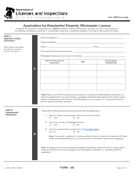 Form AB (L_006_F) Application for Residential Property Wholesaler License - City of Philadelphia, Pennsylvania