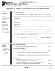 Form AB (L_024_F) &quot;Application for a Vacant Residential/Commercial Property License&quot; - City of Philadelphia, Pennsylvania