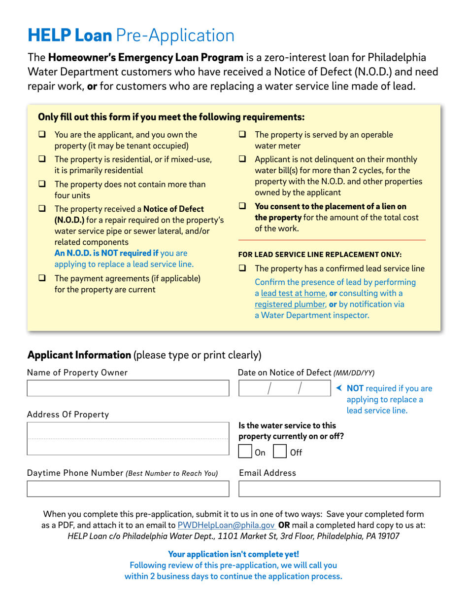 Help Loan Pre-application - City of Philadelphia, Pennsylvania, Page 1