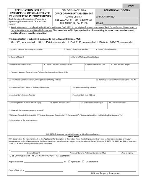 Application for the Exemption of Real Estate Taxes Due to Improvements - Rehab & New Construction for Commercial & Industrial Properties - City of Philadelphia, Pennsylvania