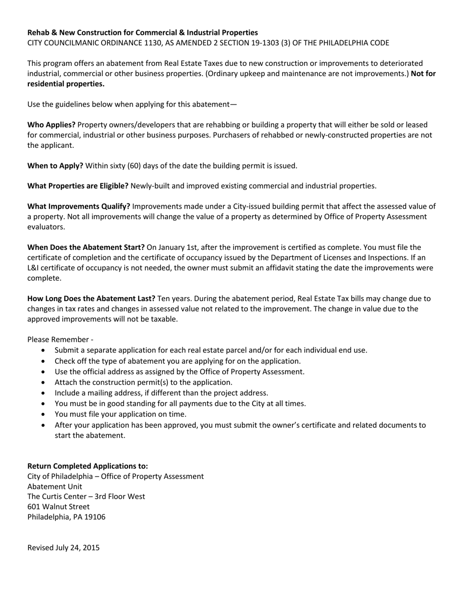 Application for the Exemption of Real Estate Taxes Due to Improvements - Rehab  New Construction for Commercial  Industrial Properties - City of Philadelphia, Pennsylvania, Page 3