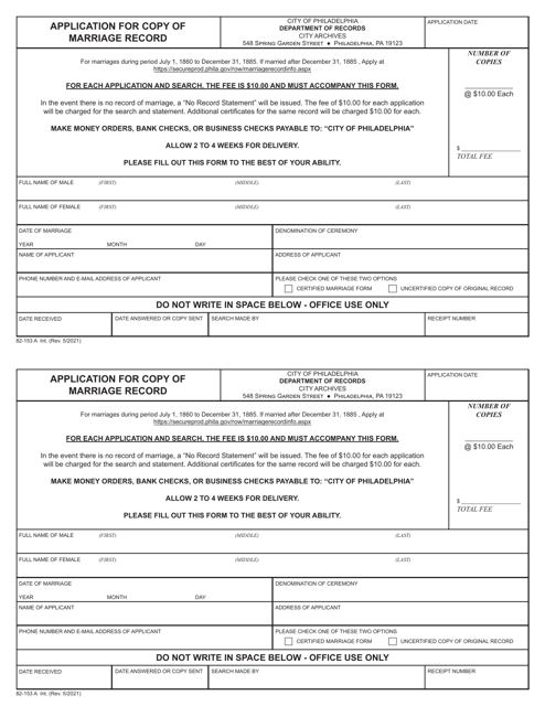 Form 82-153 A Application for Copy of Marriage Record - City of Philadelphia, Pennsylvania