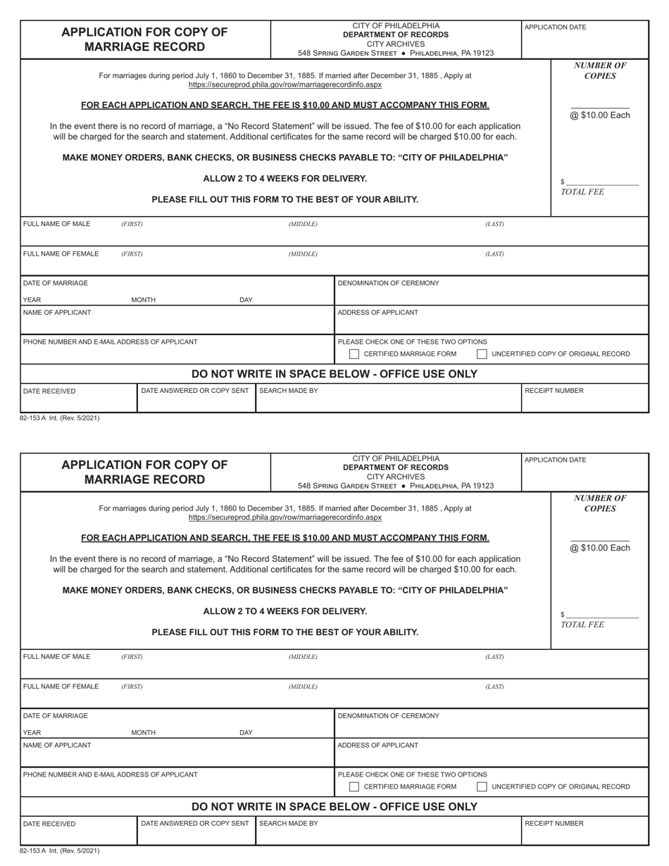 Form 82-153 A Application for Copy of Marriage Record - City of Philadelphia, Pennsylvania, Page 1