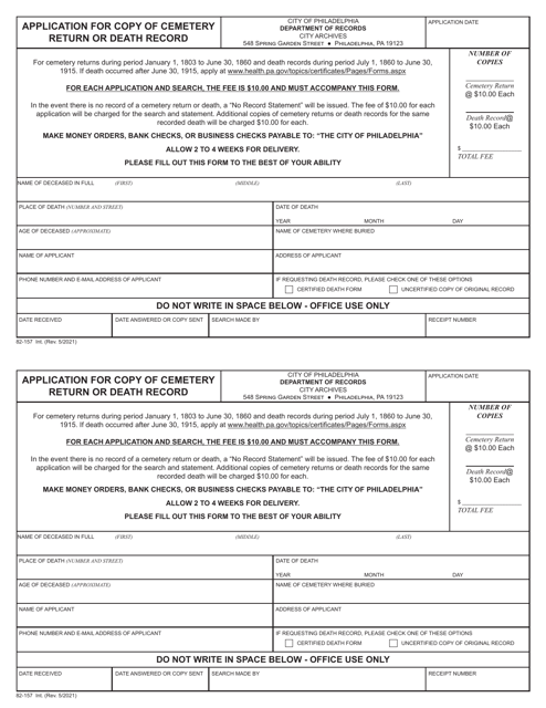 Form 82-157 Application for Copy of Cemetery Return or Death Record - City of Philadelphia, Pennsylvania