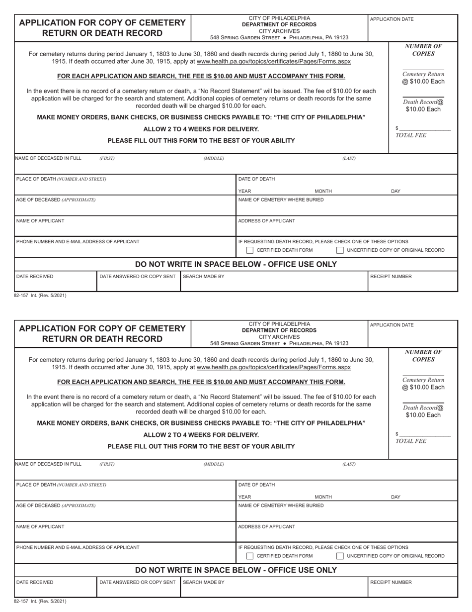 Form 82-157 Application for Copy of Cemetery Return or Death Record - City of Philadelphia, Pennsylvania, Page 1