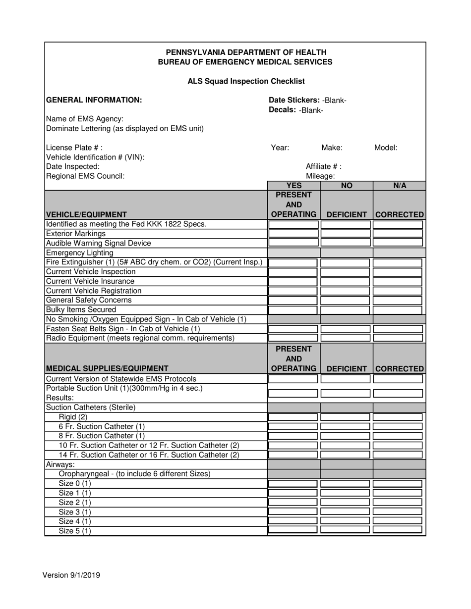 Als Squad Inspection Checklist - City of Philadelphia, Pennsylvania, Page 1