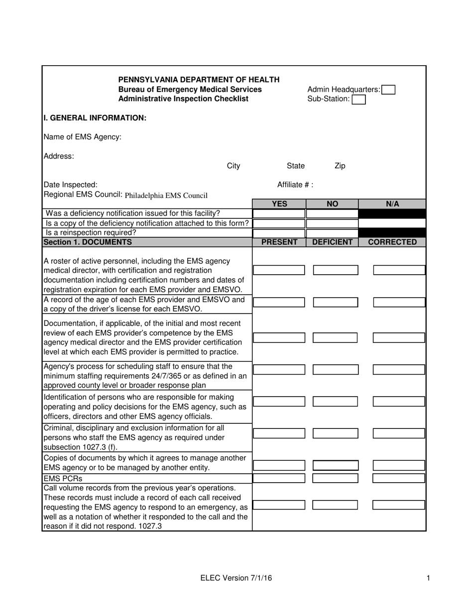 Administrative Inspection Checklist - City of Philadelphia, Pennsylvania, Page 1