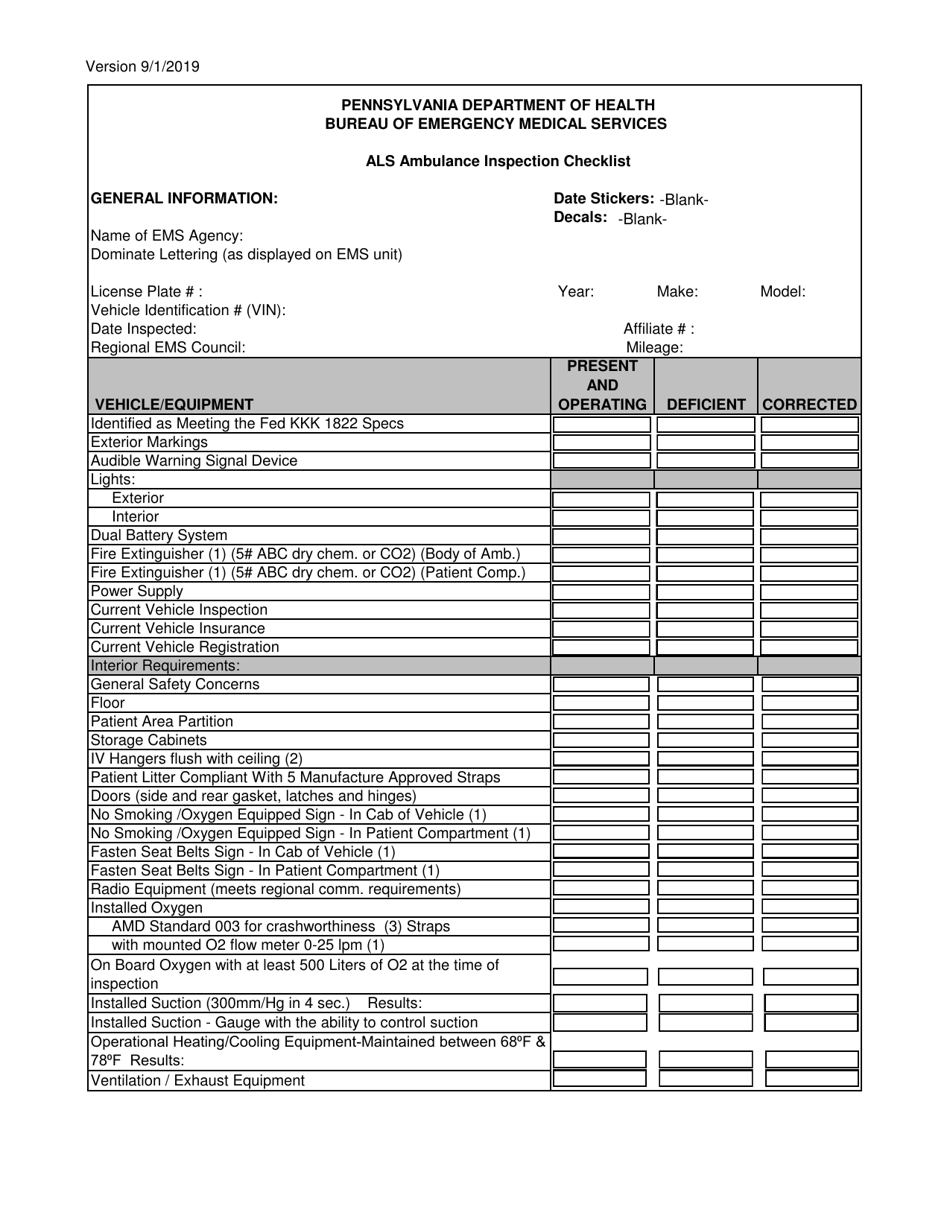 Als Ambulance Inspection Checklist - City of Philadelphia, Pennsylvania, Page 1