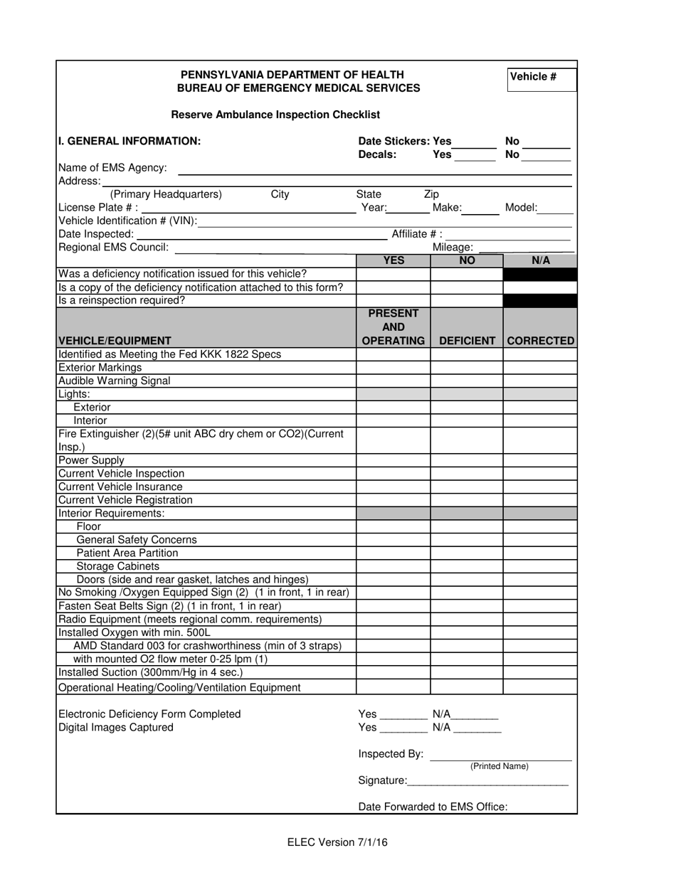 Reserve Ambulance Inspection Checklist - City of Philadelphia, Pennsylvania, Page 1