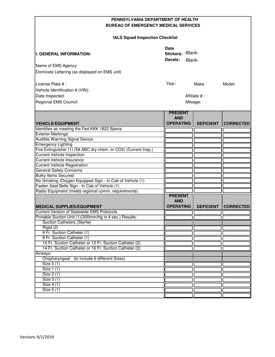 Ials Squad Inspection Checklist - City of Philadelphia, Pennsylvania, Page 1