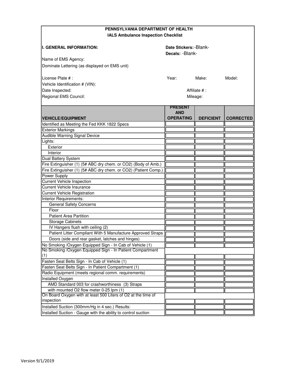 Ials Ambulance Inspection Checklist - City of Philadelphia, Pennsylvania, Page 1