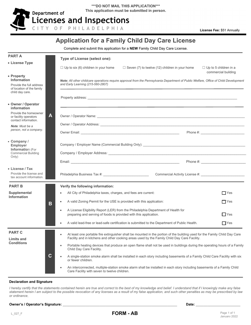 Form AB (L_027_F) Application for a Family Child Day Care License - City of Philadelphia, Pennsylvania, Page 1
