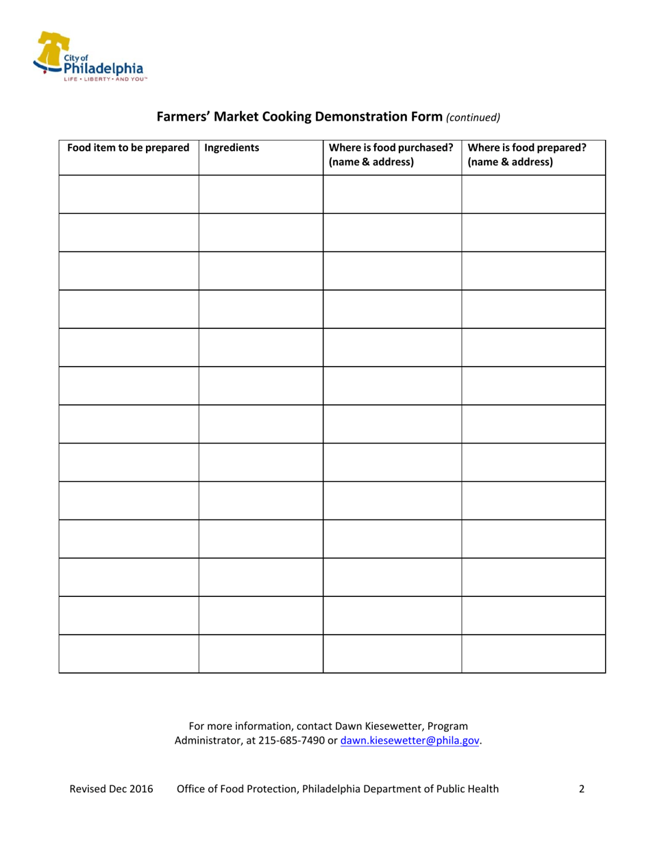 Farmers Market Cooking Demonstration Form - City of Philadelphia, Pennsylvania, Page 2