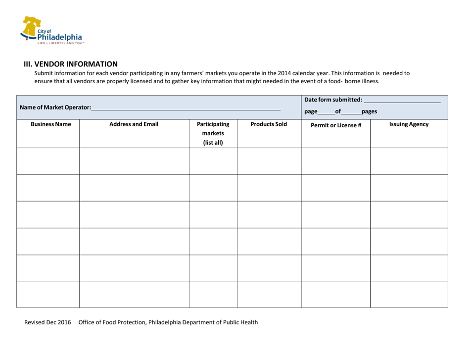 Farmers Market Operator Registration Form - City of Philadelphia, Pennsylvania, Page 4
