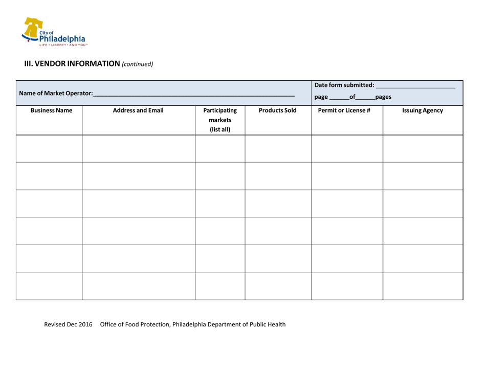 Farmers Market Operator Registration Form - City of Philadelphia, Pennsylvania, Page 5
