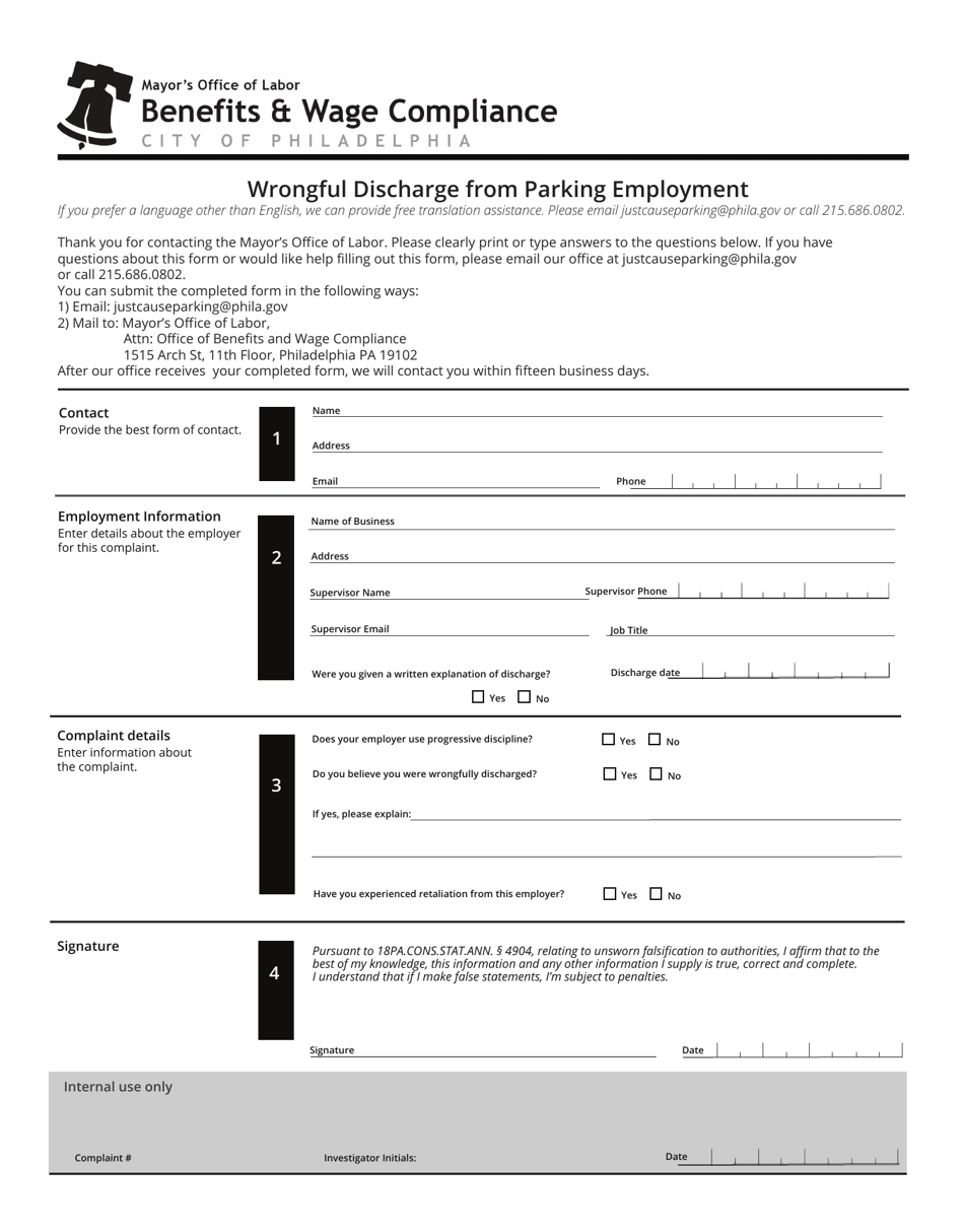 Wrongful Discharge From Parking Employment Complaint Form - City of Philadelphia, Pennsylvania, Page 1