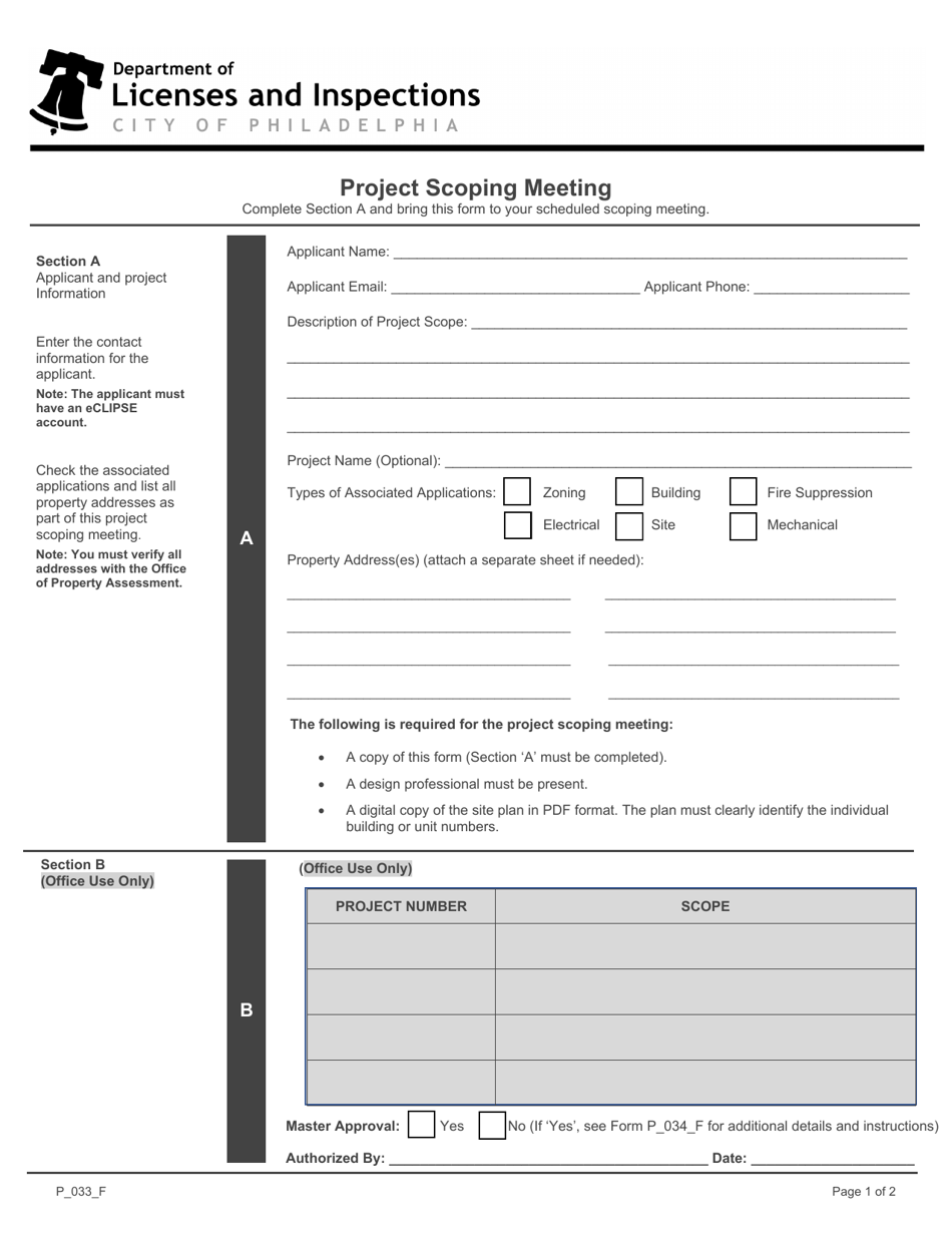 Form P_033_F Project Scoping Meeting - City of Philadelphia, Pennsylvania, Page 1