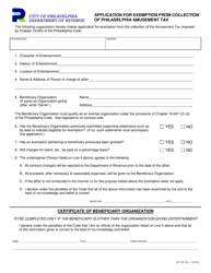 Document preview: Form 83-T-48 Application for Exemption From Collection of Philadelphia Amusement Tax - City of Philadelphia, Pennsylvania