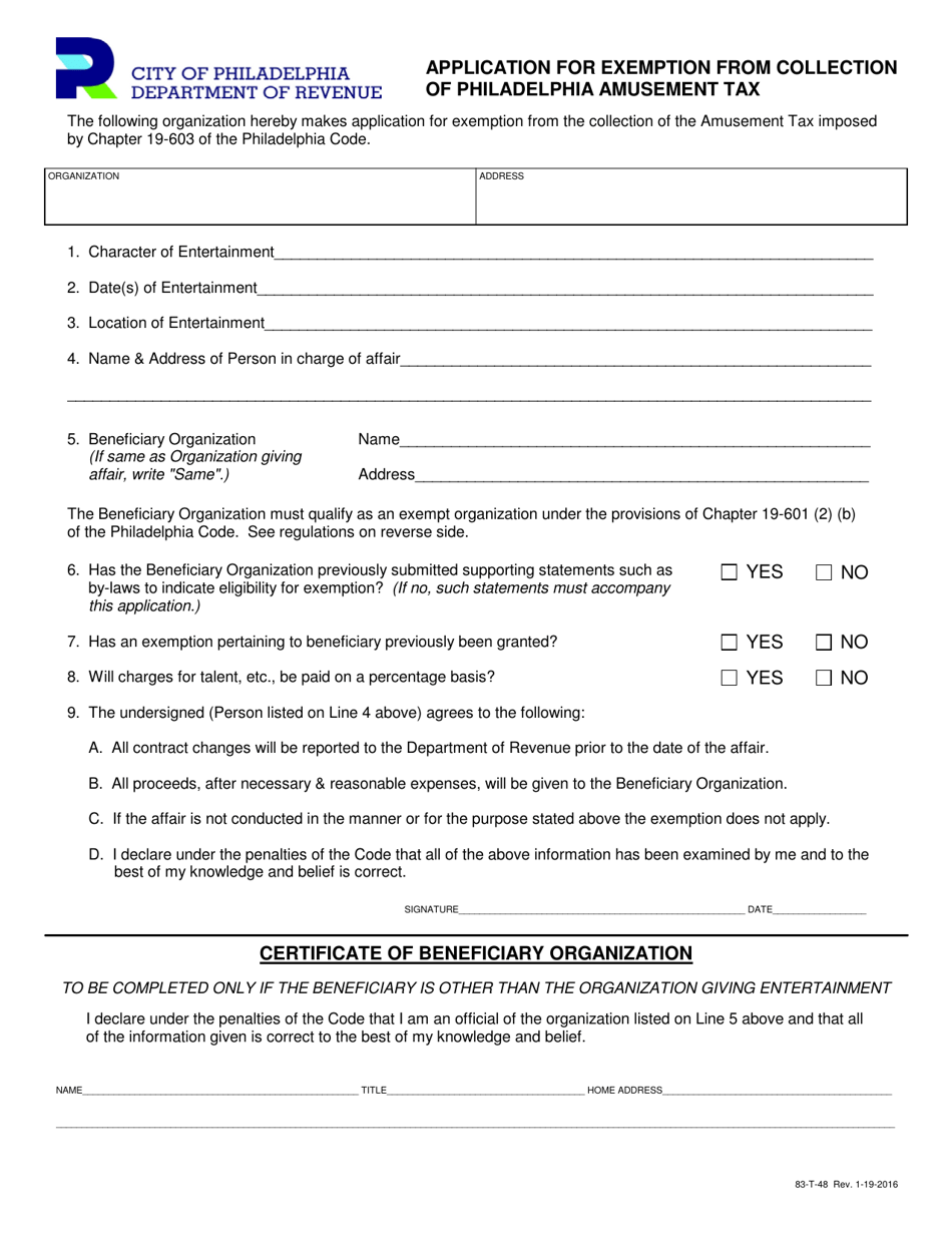 Form 83-T-48 Application for Exemption From Collection of Philadelphia Amusement Tax - City of Philadelphia, Pennsylvania, Page 1