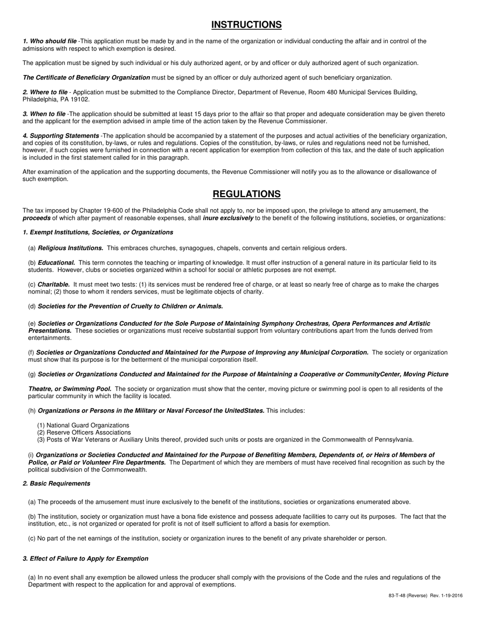 Form 83-T-48 Application for Exemption From Collection of Philadelphia Amusement Tax - City of Philadelphia, Pennsylvania, Page 2