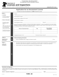 Form AB (L_043_F) &quot;Application for an Amusement License&quot; - City of Philadelphia, Pennsylvania