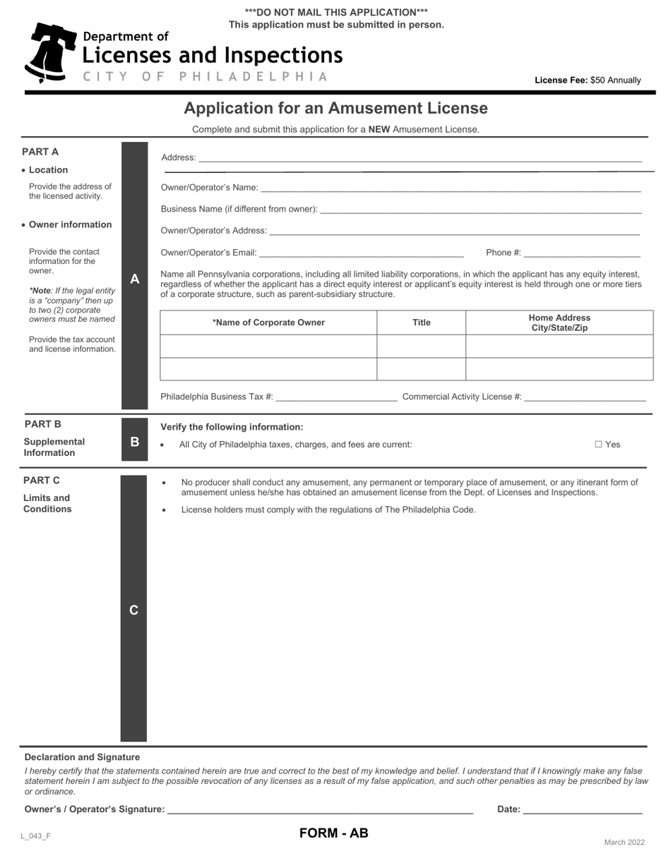 Form AB (L_043_F) Application for an Amusement License - City of Philadelphia, Pennsylvania, Page 1