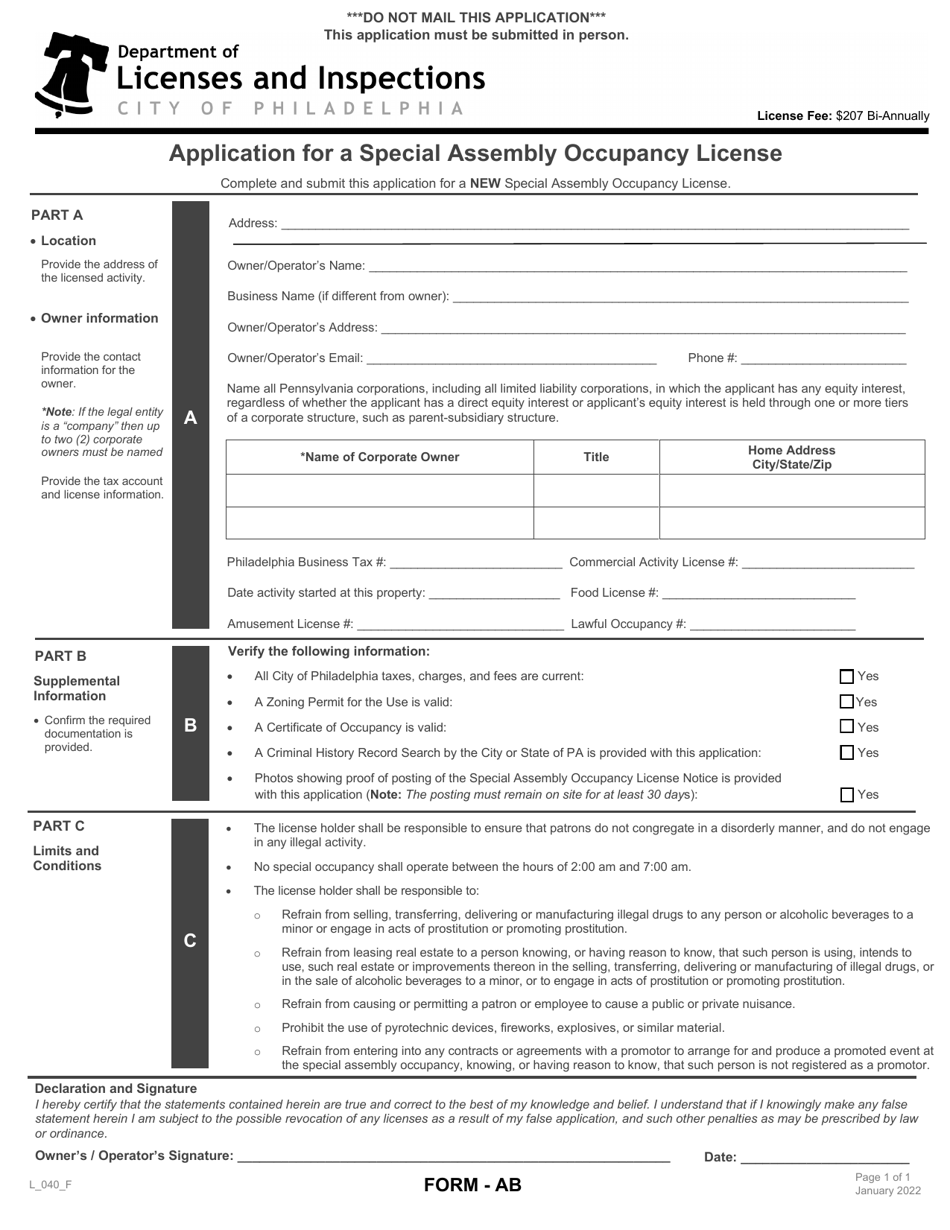 Form AB (L_040_F) Application for a Special Assembly Occupancy License - City of Philadelphia, Pennsylvania, Page 1