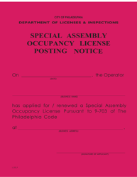 Document preview: Form L_022_F Special Assembly Occupancy License Posting Notice - City of Philadelphia, Pennsylvania