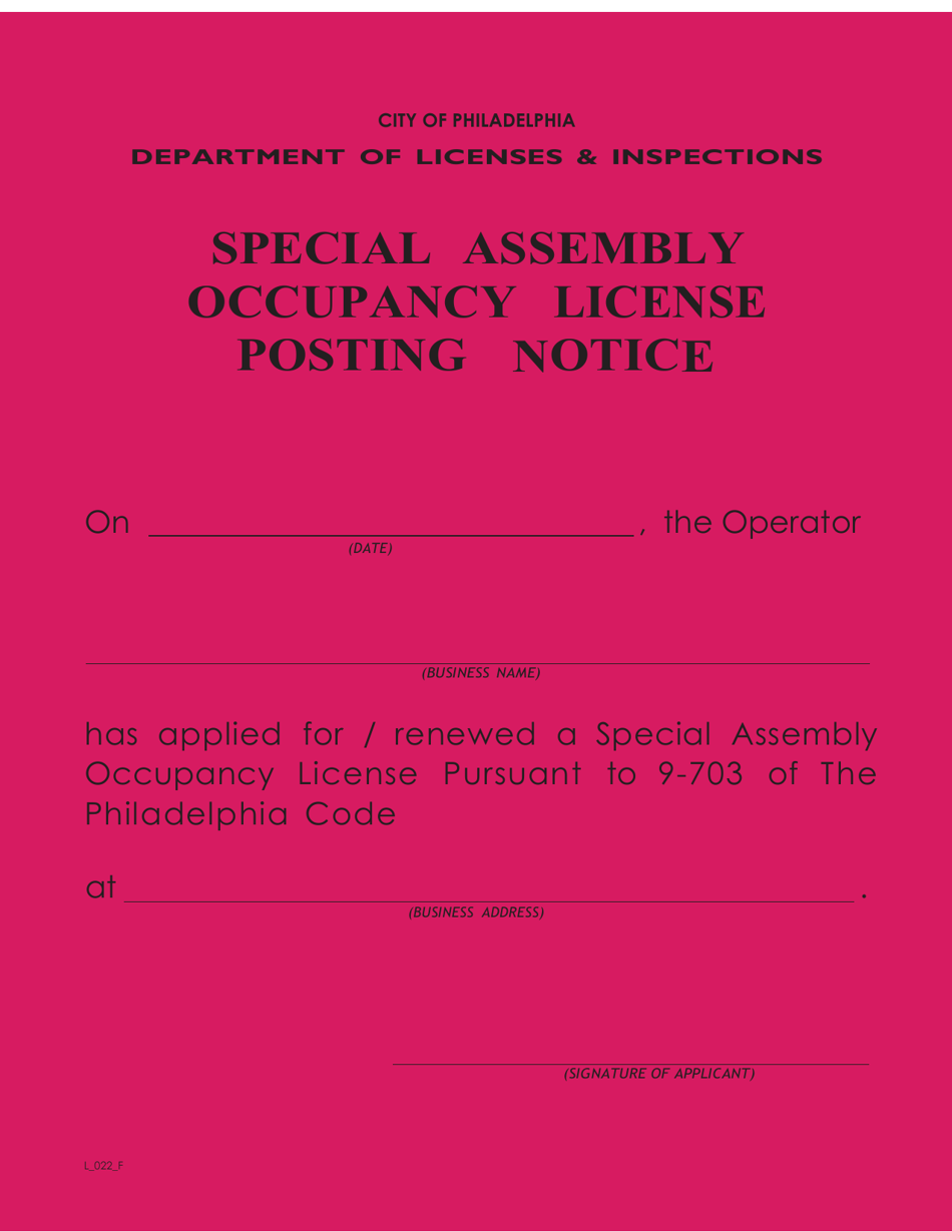 Form L022f Fill Out Sign Online And Download Fillable Pdf City Of Philadelphia