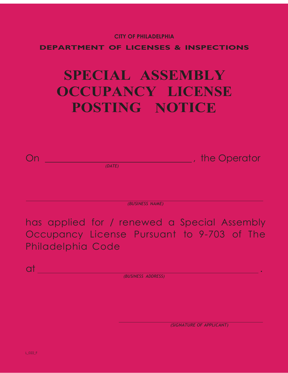Form L_022_F Special Assembly Occupancy License Posting Notice - City of Philadelphia, Pennsylvania, Page 1