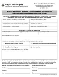 Document preview: Written Agreement Between Registered Event Promoter and Special Assembly Occupancy License Holder - City of Philadelphia, Pennsylvania