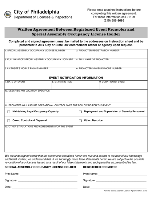 Written Agreement Between Registered Event Promoter and Special Assembly Occupancy License Holder - City of Philadelphia, Pennsylvania Download Pdf