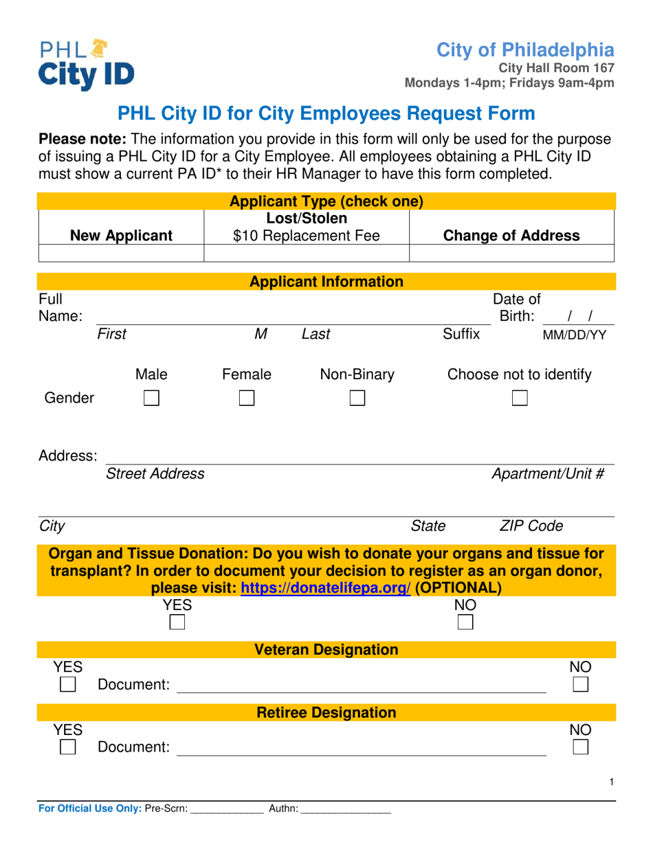 Phl City Id for City Employees Request Form - City of Philadelphia, Pennsylvania, Page 1