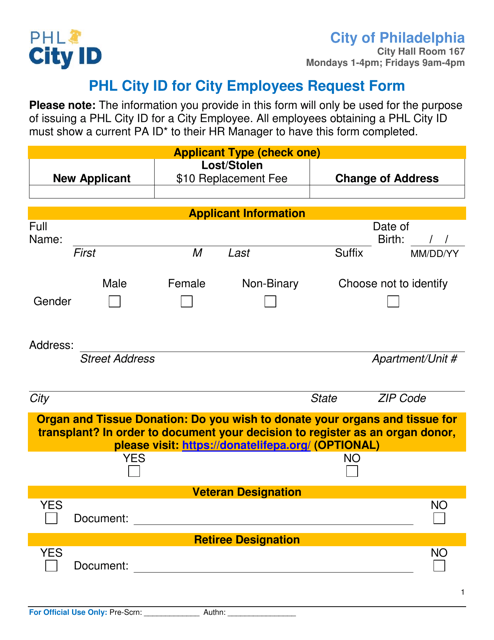 Phl City Id for City Employees Request Form - City of Philadelphia, Pennsylvania Download Pdf