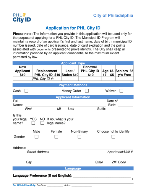 Application for Phl City Id - City of Philadelphia, Pennsylvania Download Pdf