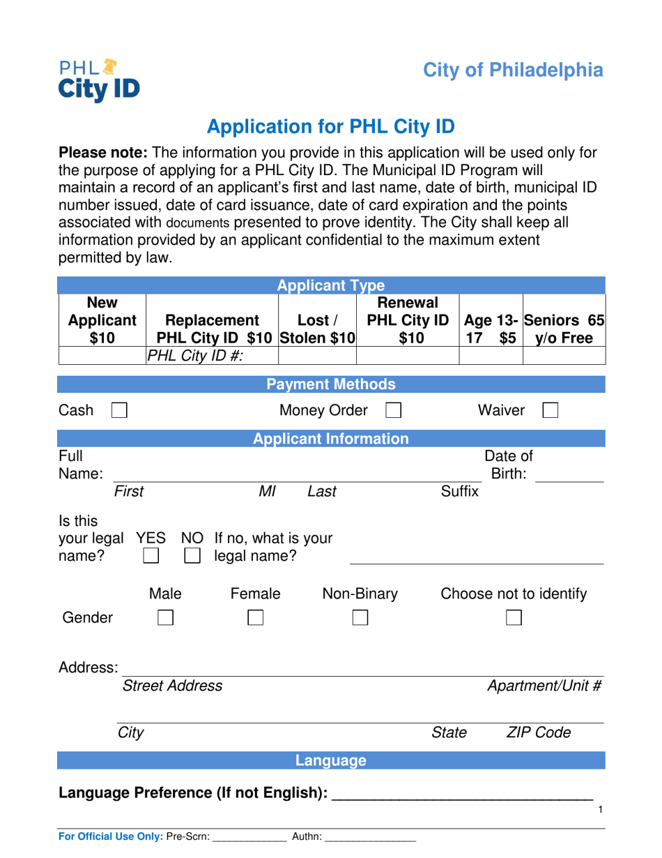 Application for Phl City Id - City of Philadelphia, Pennsylvania, Page 1