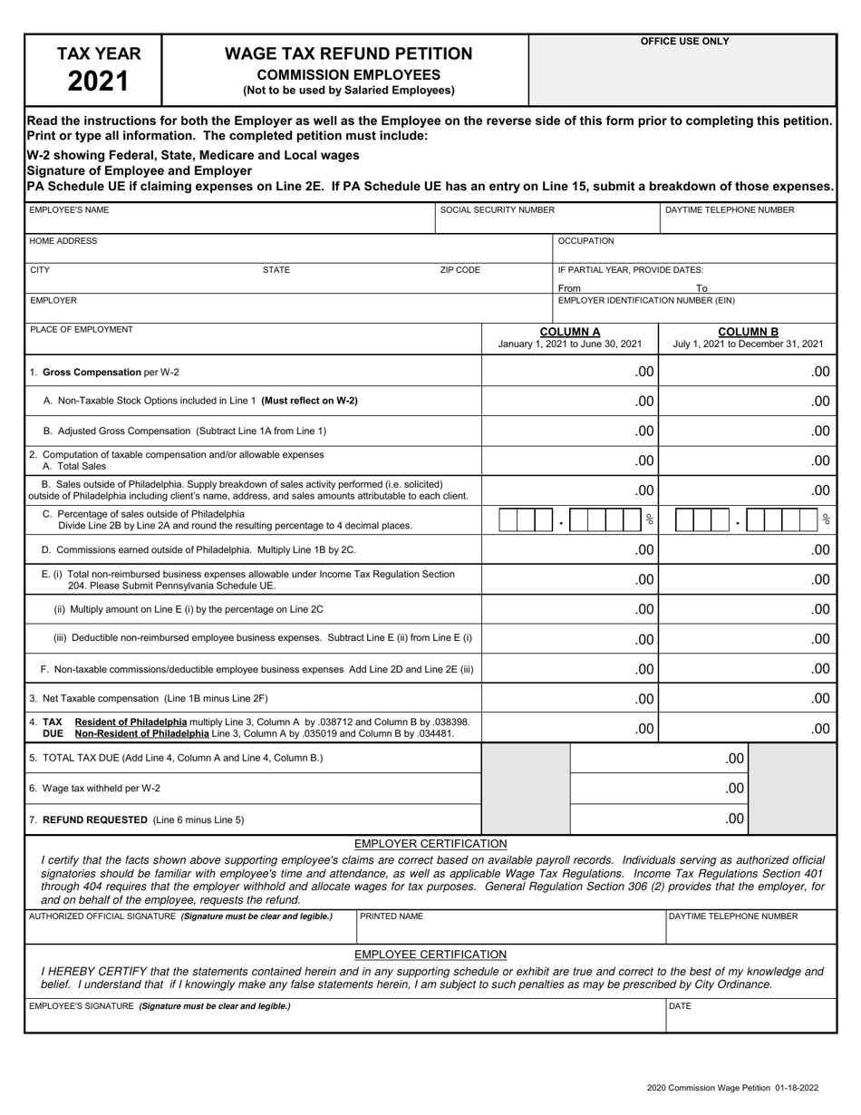 Wage Tax Refund Petition (Commissioned Employees) - City of Philadelphia, Pennsylvania, Page 1