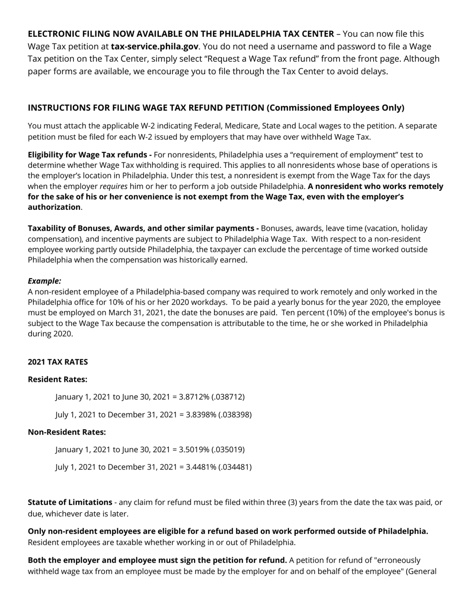 Wage Tax Refund Petition (Commissioned Employees) - City of Philadelphia, Pennsylvania, Page 2