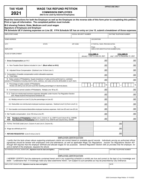 Wage Tax Refund Petition (Commissioned Employees) - City of Philadelphia, Pennsylvania Download Pdf