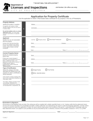 Document preview: Form P_025_F Application for Property Certificate - City of Philadelphia, Pennsylvania
