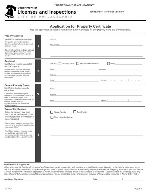 Form P_025_F Application for Property Certificate - City of Philadelphia, Pennsylvania