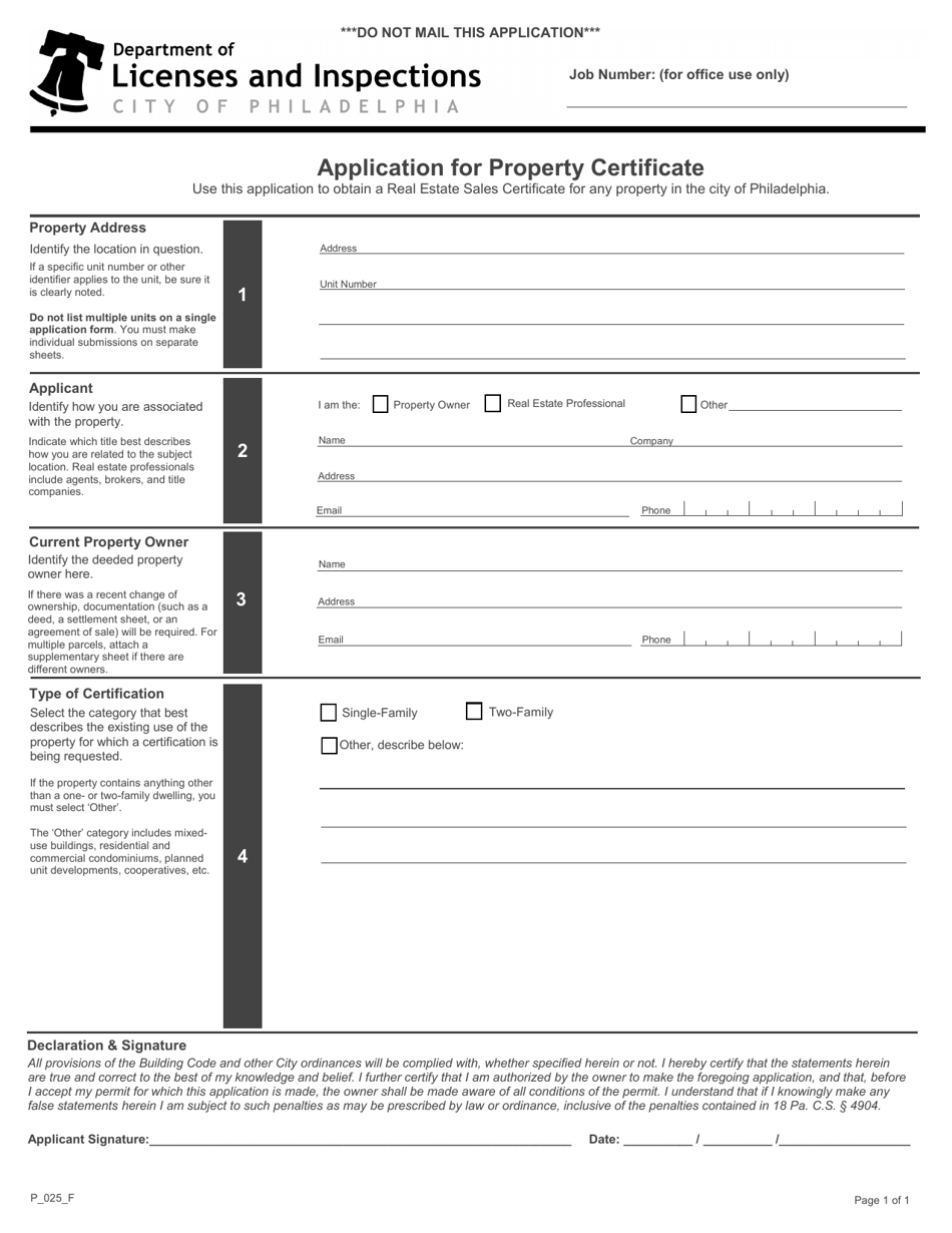 Form P_025_F Application for Property Certificate - City of Philadelphia, Pennsylvania, Page 1