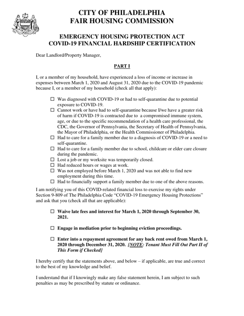 Covid-19 Financial Hardship Certification - City of Philadelphia, Pennsylvania Download Pdf